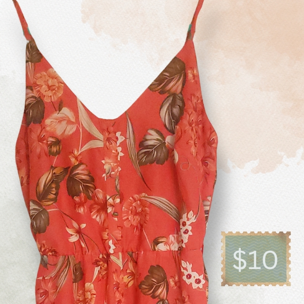 Large || Orange Tropical Floral Print Spaghetti Strap Dress